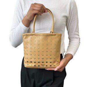PRADA Vintage Triangle Logo Mini Bag Leather Studs Handbag Beige Gold [106408]